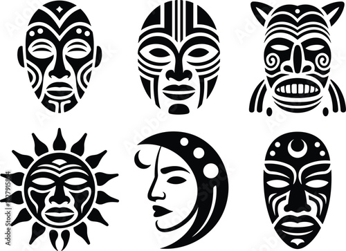Black Tribal Polynesian Set of Mask, Sun, and Moon Icons
