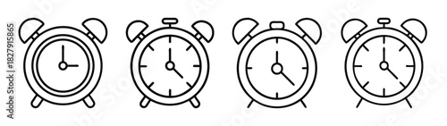 Alarm clocks showing different times outline vector illustration time management concept 