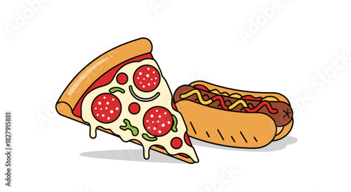Cartoon Pizza Slice and Hot Dog Illustration on White Background.