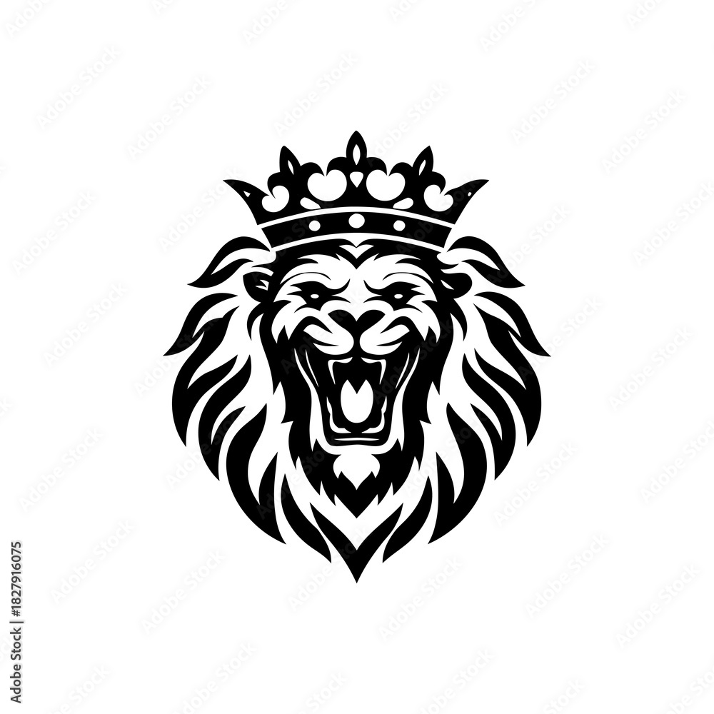 Obraz premium Majestic roaring lion head with an ornate crown, symbolizing strength, leadership, and royal authority in a striking monochrome illustration