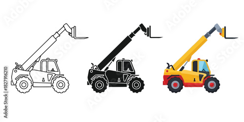 Telehandler in Three styles vector set line art, silhouette and color version, heavy construction equipment