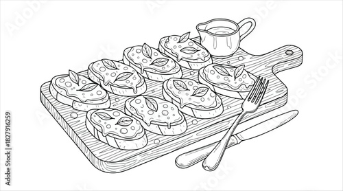Line art sketch of delicious Cheese garlic bread served on a rustic wooden board with sauce.