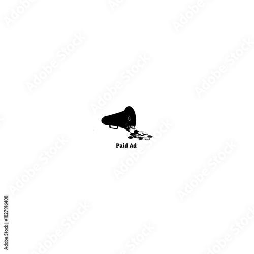 Illustration of a megaphone with coins spilling out and the text paid ad below it in black and white