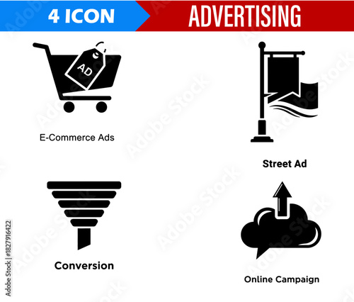 Illustration showing four icons representing e commerce ads street ads conversion and online campaign ideas
