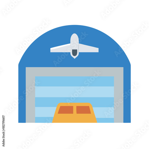 Flat hangar icon with aircraft sign above the door
