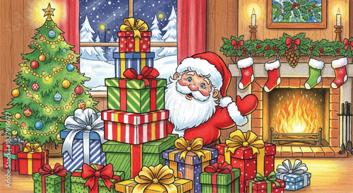 Santa Claus surrounded by many Christmas presents.