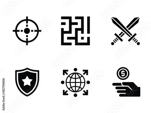 Minimal Black Icon Set for Gaming, Strategy, Finance, and Security