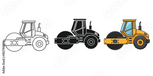 Road Roller In Three styles vector set line art, silhouette and color version