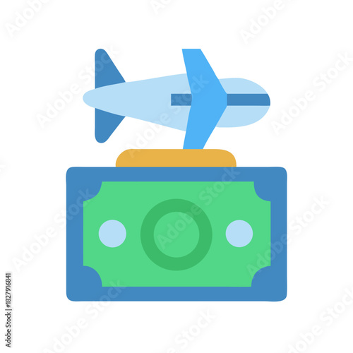 Flat style airplane atop of currency icon visual