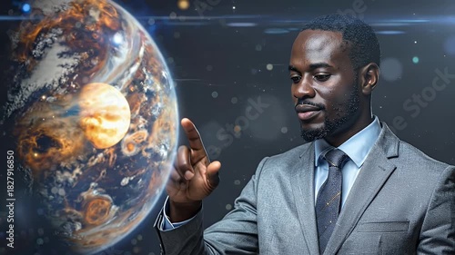 Portrait Of Young African Man In Gray Suit With Tie Pointing In Space With Planet Backdrop And Bokeh Lights In Dimly Lit Environment