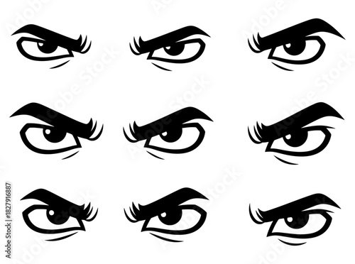 Dynamic collection of nine intense and menacing cartoon eyes expressing anger and fury for character design