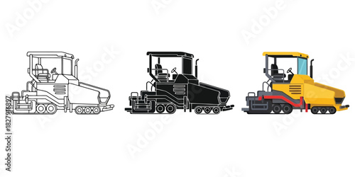 Asphalt Paver In Three styles vector set line art, silhouette and color version