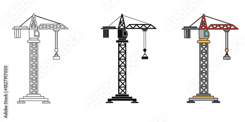 Tower Crane In Three styles vector set line art, silhouette and color version