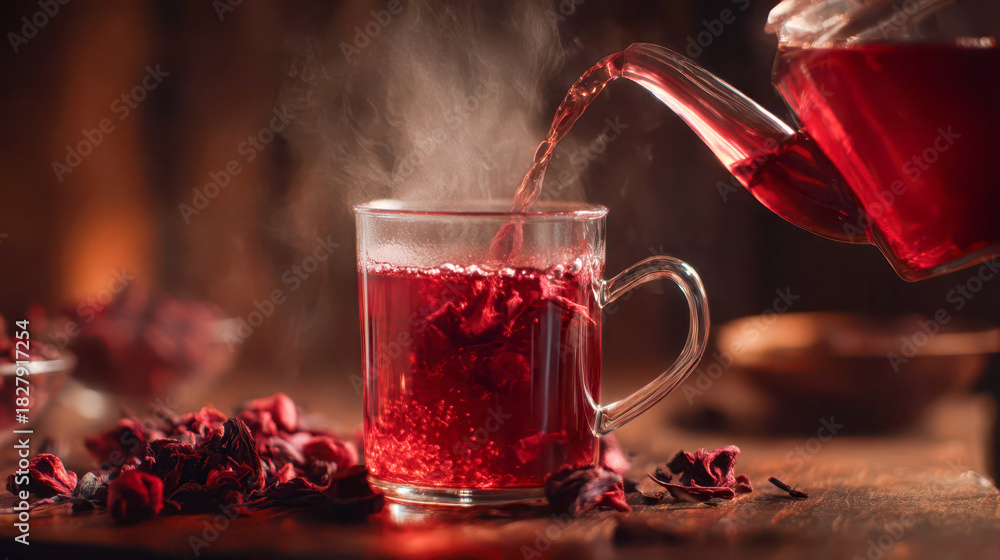 Fototapeta premium Hot hibiscus tea poured into a clear glass mug with rising steam, a bright red herbal drink called hibiscus