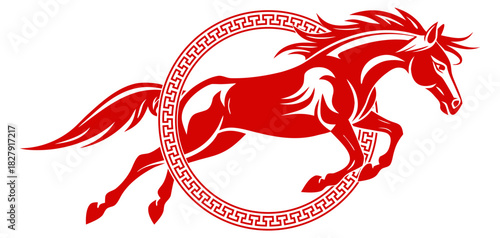 Vector silhouette illustration of a Chinese fire horse jumping through a circle of Chinese ornaments