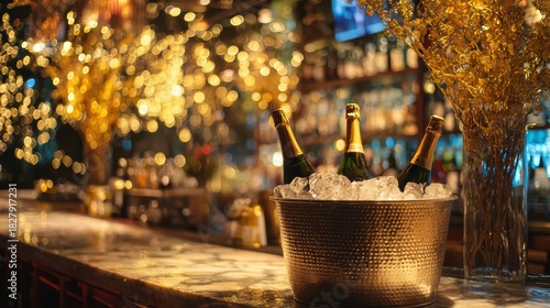 Elegant bar counter with champagne bottles chilling in ice bucket surrounded by golden decorations and bokeh lights, perfect for upscale celebration hospitality entertainment party concepts