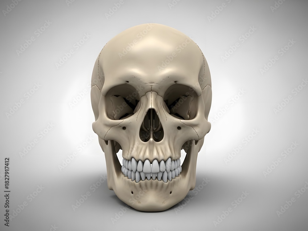 Obraz premium A realistic 3D head skull render on a soft gradient backdrop, illuminated with balanced studio lighting. Detailed bone morphology, polished contours, subtle highlights, lifelike shadows. Photorealisti