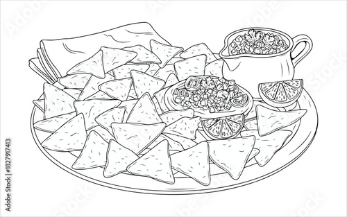 Line art sketch of a large platter of tortilla chips with various dips and toppings.