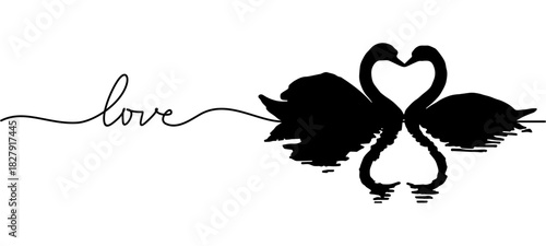 Vector illustration of a silhouette of two swans swimming in a lake forming a heart with the word "love" written on it.