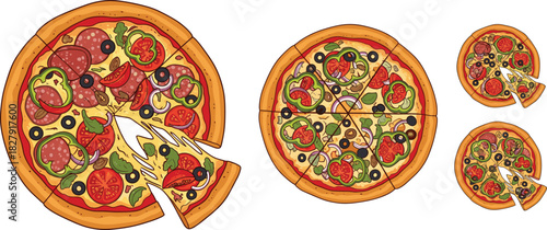 Top view pizza vector set with sliced and whole Italian pizzas featuring pepperoni, olives, basil, cheese toppings, isolated flat design illustration.
