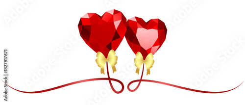 Illustration of two red diamonds in a heart shape with gold and red ribbons of silhouette vector