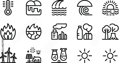 Collection of outline icons representing climate change and environmental issues including temperature melting ice pollution and renewable energy sources