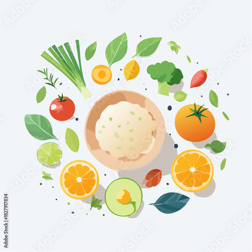 A delicious bowl surrounded by fresh, healthy food. Perfect for promoting healthy eating, recipes, or dietary advice. A vibrant and colorful design to attract attention.
