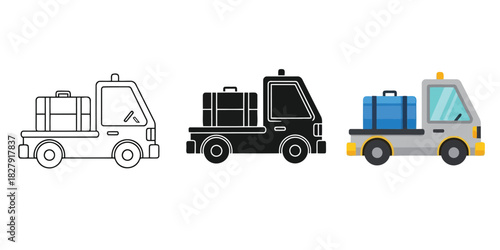 Airport Baggage Vehicle In Three styles vector set line art, silhouette and color version collection of