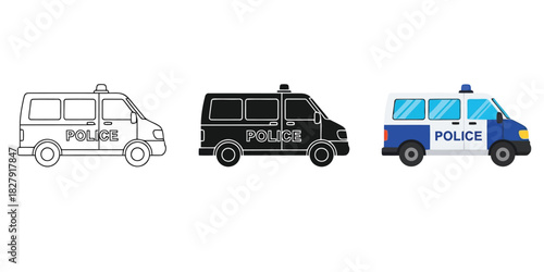 Police van icons In Three styles vector set line art, silhouette and color version representing law enforcement vehicles