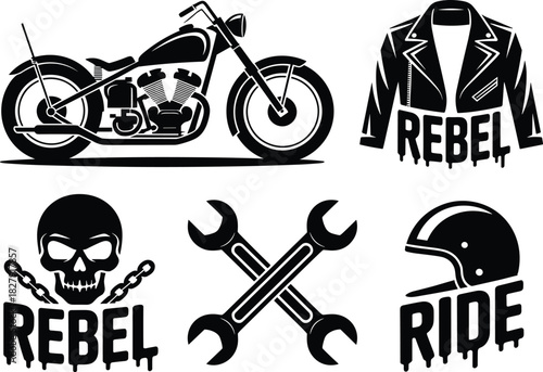 Black and White Vector Set of Six Biker Culture and Motorcycle Motifs Including a Classic Chopper, Leather Jacket, Skull, Wrenches, and Helmet with "Rebel" and "Ride" Text Graphics.