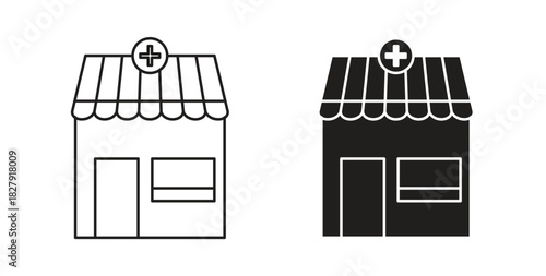 Pharmacy icon with line and silhouette versions.