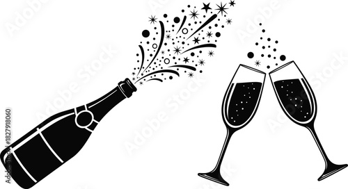Champagne bottle popping with sparkling spray and clinking glasses silhouette vector illustration celebrating party, success, wedding, anniversary, and New Year events.
