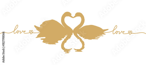 Vector silhouette illustration of two golden swans forming a heart and the word "love" written with a line	