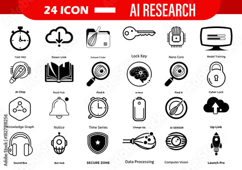 Collection of twenty four black and white ai research icons representing various concepts and ideas