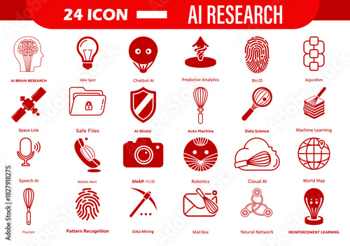 Red ai research icon set featuring brain idea chatbot predictive analytics bio id and algorithms design