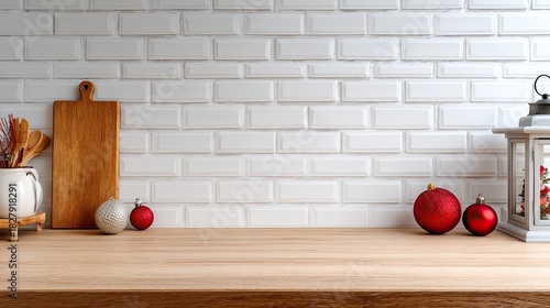 A wooden cutting board sits next to a lantern, surrounded by holiday ornaments and spices, creating a warm and inviting scene