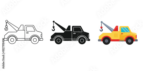 Distinct Tow Truck icons Three styles vector set line art, silhouette and color version 