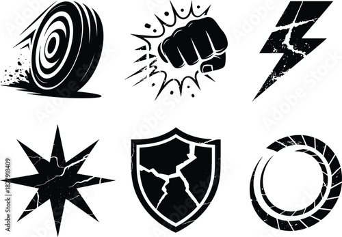 Set of Six Black and White Power Icons with Distressed Texture Including a Speeding Tire, Punching Fist, Lightning Bolt, Cracked Starburst, and Damaged Shield Vector Graphics.