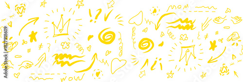 Hand-drawn yellow line doodles: swirls, sparkles, arrows, crowns, and exclamation marks on white. Abstract, creative, and decorative elements.