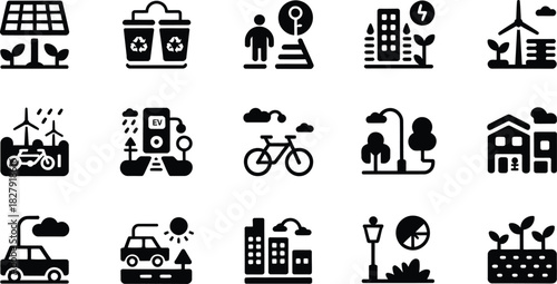 Collection of eco friendly icons representing sustainable living renewable energy and environmental conservation for a greener future and a healthier planet