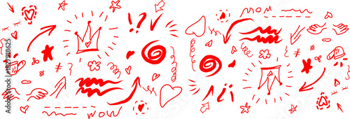 Hand-drawn red line doodles: swirls, sparkles, arrows, crowns, and exclamation marks on white. Abstract, creative, and decorative elements.