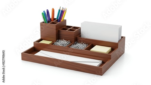 Wooden desk organizer with pens, pencils, sticky notes, paper, and paperclips