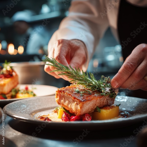 Close-up of chef hands plating gourmet Christmas dinner dish with artistic presentation and seasonal garnish in professional restaurant kitchen, perfect for culinary excellence festive dining