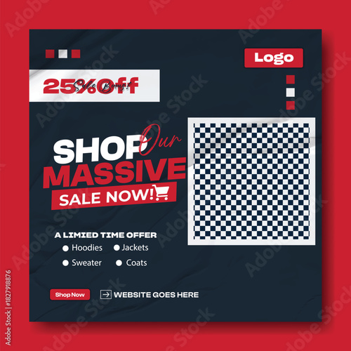 Modern social media post template for massive sale promotion featuring a man in a suit and 25 percent off discount offer