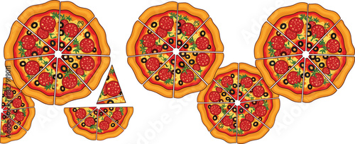 Colorful flat pizza vector illustration set showing whole and sliced pizzas with various toppings, perfect for restaurant menus, food branding, and culinary designs.