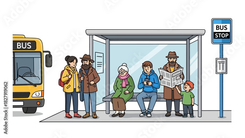 Diverse group of people waiting for public transportation at an urban bus stop shelter