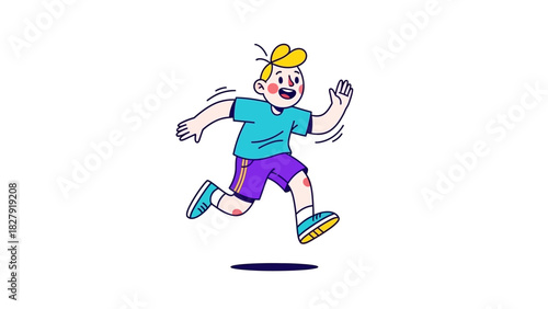 Cheerful blond boy running happily in a modern cartoon style. Dynamic vector illustration of a child in motion and full of positive energy