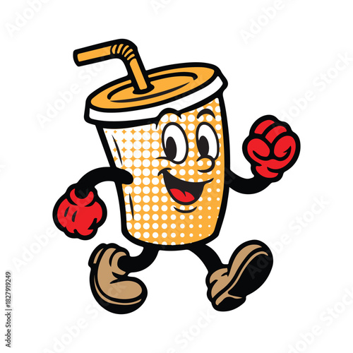 Delightful drink character running cheerfully with a straw, perfect for branding, advertising, or playful designs promoting beverages with a fun, retro vibe