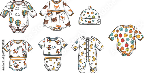 Baby clothing set, cute vector fashion collection including bodysuit, pajama, romper and hat with rocket, fruit, animal, moon and balloon patterns.