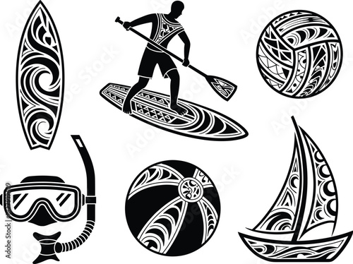 Detailed Black and White Vector Collection of Water Sports Icons Decorated with Tribal Polynesian Patterns, Featuring a Paddleboarder, Surfboard, Snorkel Mask, Volleyball, and Sailboat.